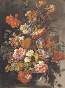 Carnations, peonies, morning glory and other flowers in a glass vase on a ledge by Jean-Baptiste Monnoyer