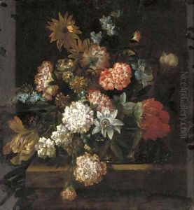 Crysanthemums, morning glory, a tulip and other flowers in a glass vase on a ledge by Jean-Baptiste Monnoyer