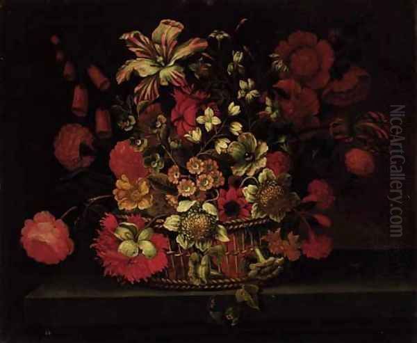 A basket of flowers on a ledge - view 1