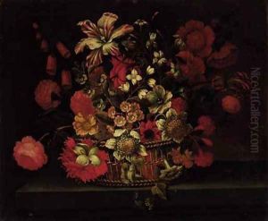 A basket of flowers on a ledge by Jean-Baptiste Monnoyer