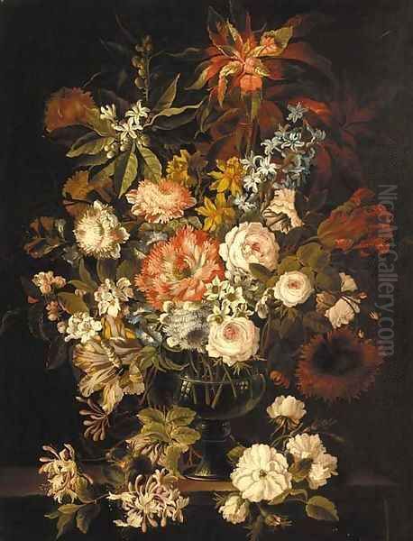 Hyacinth, roses, tulips, peonies, honeysuckle and other flowers in a glass vase on a stone ledge - view 1