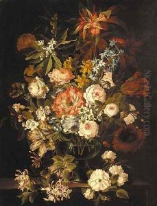 Hyacinth, roses, tulips, peonies, honeysuckle and other flowers in a glass vase on a stone ledge by Jean-Baptiste Monnoyer
