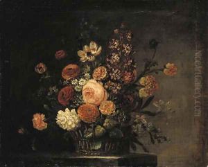 Roses, tulips, carnations and other flowers in a basket on a stone ledge by Jean-Baptiste Monnoyer
