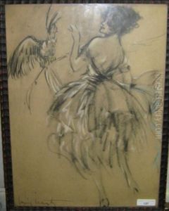 Dame In Baljurk En Papegaai by Louis Icart