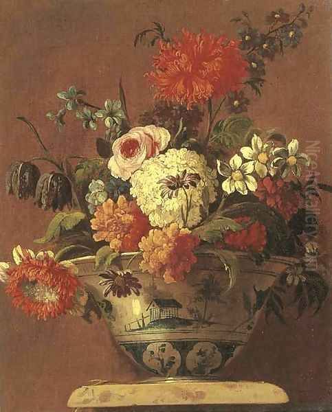 Carnations, daisies, a rose and other flowers in a chinoiserie bowl on a pedestal - view 1