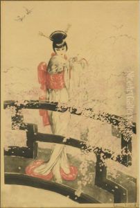 Etching In Color Of A Geisha On A Bridge (framed) by Louis Icart