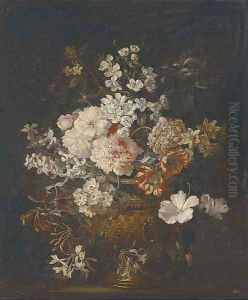 Chrysanthemums, peonies, narcissi, honeysuckle, hyacinth and other flowers in a sculpted urn on a ledge by Jean-Baptiste Monnoyer