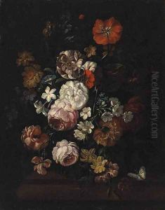 Pink and White Roses, a Poppy, Morning Glory and other Flowers in a Vase on a Ledge by Jean-Baptiste Monnoyer