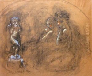 Young Women Looking At A Sculpture Of Amour by Louis Icart