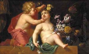 Putti playing with a basket of flowers on a ledge by Jean-Baptiste Monnoyer