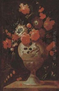 Roses, carnations and other flowers in a vase on a ledge by Jean-Baptiste Monnoyer