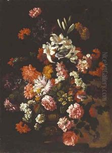 Roses, carnations, lillies, blue bells, morning glory and other flowers in an urn on a ledge