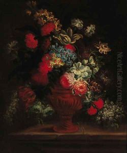 Roses, carnations, peonies, morning glory and other flowers in a sculpted urn on a ledge by Jean-Baptiste Monnoyer