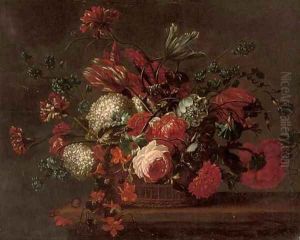 Roses, carnations, tulips, morning glory and other flowers in a basket on a ledge by Jean-Baptiste Monnoyer