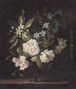 Roses, orange blossom and hyacinths, in a glass vase on a stone ledge by Jean-Baptiste Monnoyer