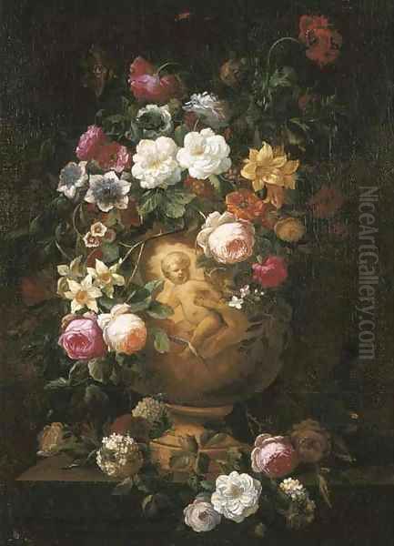 Roses, poppies and other flowers in a sculpted vase on a pedestal - view 1