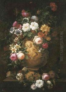 Roses, poppies and other flowers in a sculpted vase on a pedestal by Jean-Baptiste Monnoyer