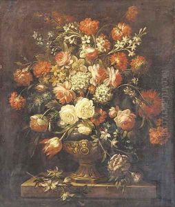Roses, tulips, carnations, forget-me-nots and other flowers in a sculpted urn on a ledge by Jean-Baptiste Monnoyer