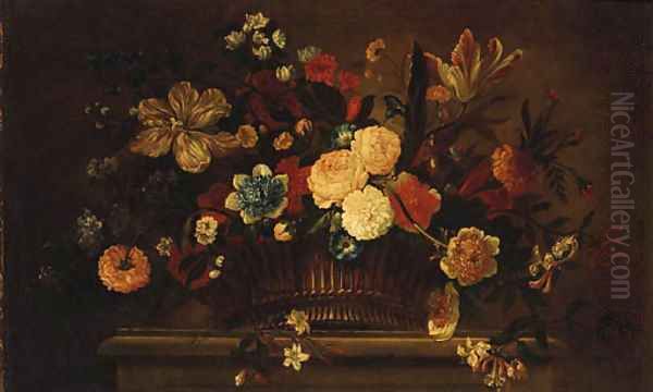 Roses, Tulips, Carnations, Morning Glory and other Flowers in a Basket on a Ledge - view 1