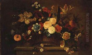 Roses, Tulips, Carnations, Morning Glory and other Flowers in a Basket on a Ledge by Jean-Baptiste Monnoyer