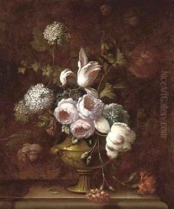 Roses, tulips, carnations, morning glory and other flowers in an urn on a ledge by Jean-Baptiste Monnoyer