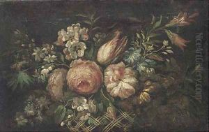 Roses, tulips, morning glory and other flowers in a basket by Jean-Baptiste Monnoyer