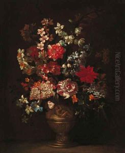 Still life of roses, carnations, narcisi and other flowers in a sculpted vase on a ledge by Jean-Baptiste Monnoyer