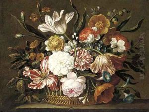 Tulips, morning glory, a rose and other flowers in a basket on a ledge by Jean-Baptiste Monnoyer