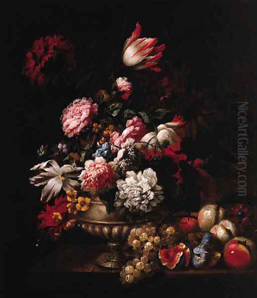 Tulips, Roses, Poppies and other Flowers in a Vase with Fruit on a Ledge - view 1