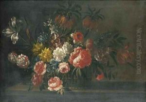 Roses, carnations, tulips and other flowers in a basket on a stone ledge by Jean-Baptiste Monnoyer