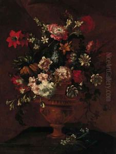 Roses, lemon blossom, poppies, narcissi and other flowers on a stone ledge by Jean-Baptiste Monnoyer