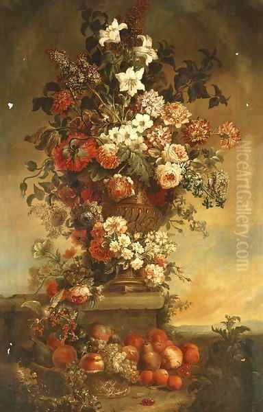 Tulips, lilies, carnations, roses and other flowers in an urn on a stone ledge, with fruit in a basket below - view 1