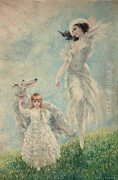 Elegante Et Fillette Au Levrier - view 1