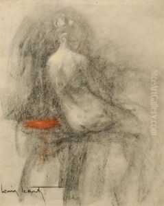Nu Assis De Dos Fusain Et Pastel by Louis Icart