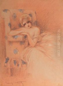 Elegante Accoudee Dessin Au Crayon Gras Et Rehauts D'aquarelle