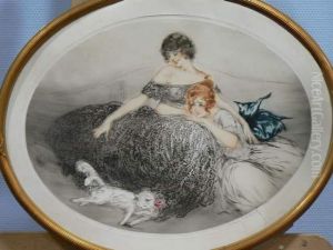 Les Deux Amies Au Chat Blanc by Louis Icart