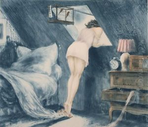 Woman In An Interior Leaning Out Of Awindow
