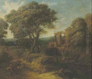 A wooded landscape with figures on a path