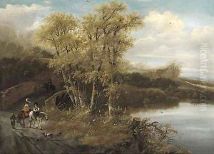 A wooded landscape with travellers crossing a bridge by Frederick De Moucheron