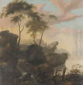 A rocky river landscape by Frederick De Moucheron