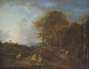 A wooded river landscape with anglers on a track, other figures on a bridge by a statue by Frederick De Moucheron