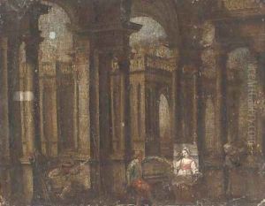 A capriccio of a palace courtyard with figures playing music and dancing by Gennaro Greco