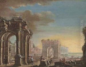 A capriccio of classical ruins with elegant figures conversing in the foreground