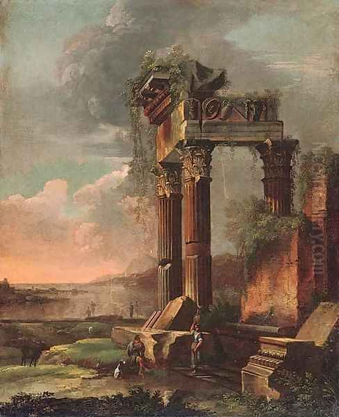 A capriccio of classical ruins with figures in the foreground by Gennaro Greco