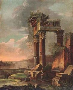 A capriccio of classical ruins with figures in the foreground by Gennaro Greco