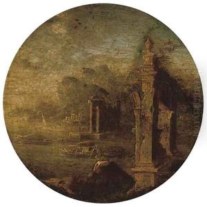A coastal landscape with classical ruins and ships beyond by Gennaro Greco