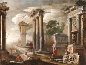 A Mediterranean Port with Banditti resting by Classical Ruins by Gennaro Greco