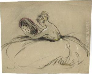 Study Of Lady With Mirror by Louis Icart