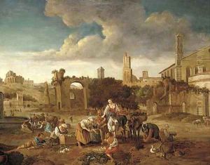 A Roman capriccio with a market amongst classical ruins