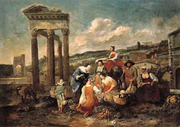 An Italianate market by a ruined temple - view 1